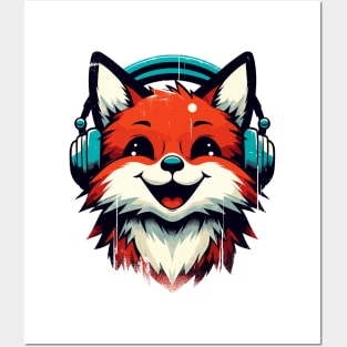 Funny Smiling musical fox wearing headphones Posters and Art